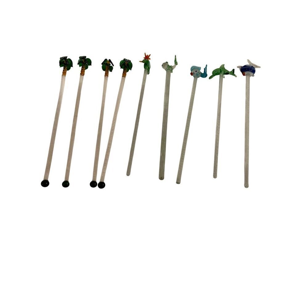 9 Blown Glass Palm Tree Fish Bird Theme Swizzle Sticks Multicolor